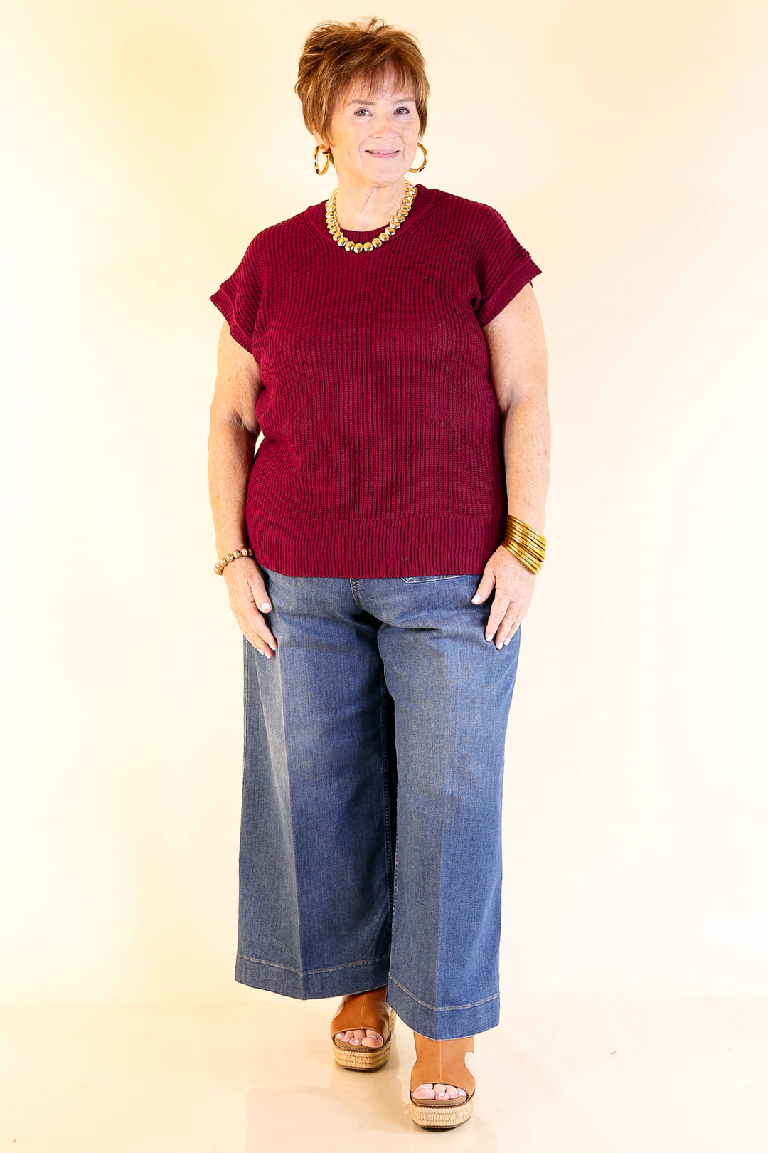 Style Refresh Drop Shoulder Short Sleeve Knit Sweater Top in Maroon