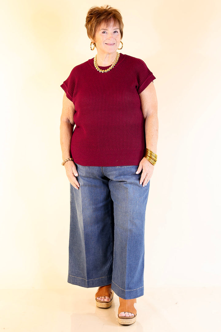 Style Refresh Drop Shoulder Short Sleeve Knit Sweater Top in Maroon