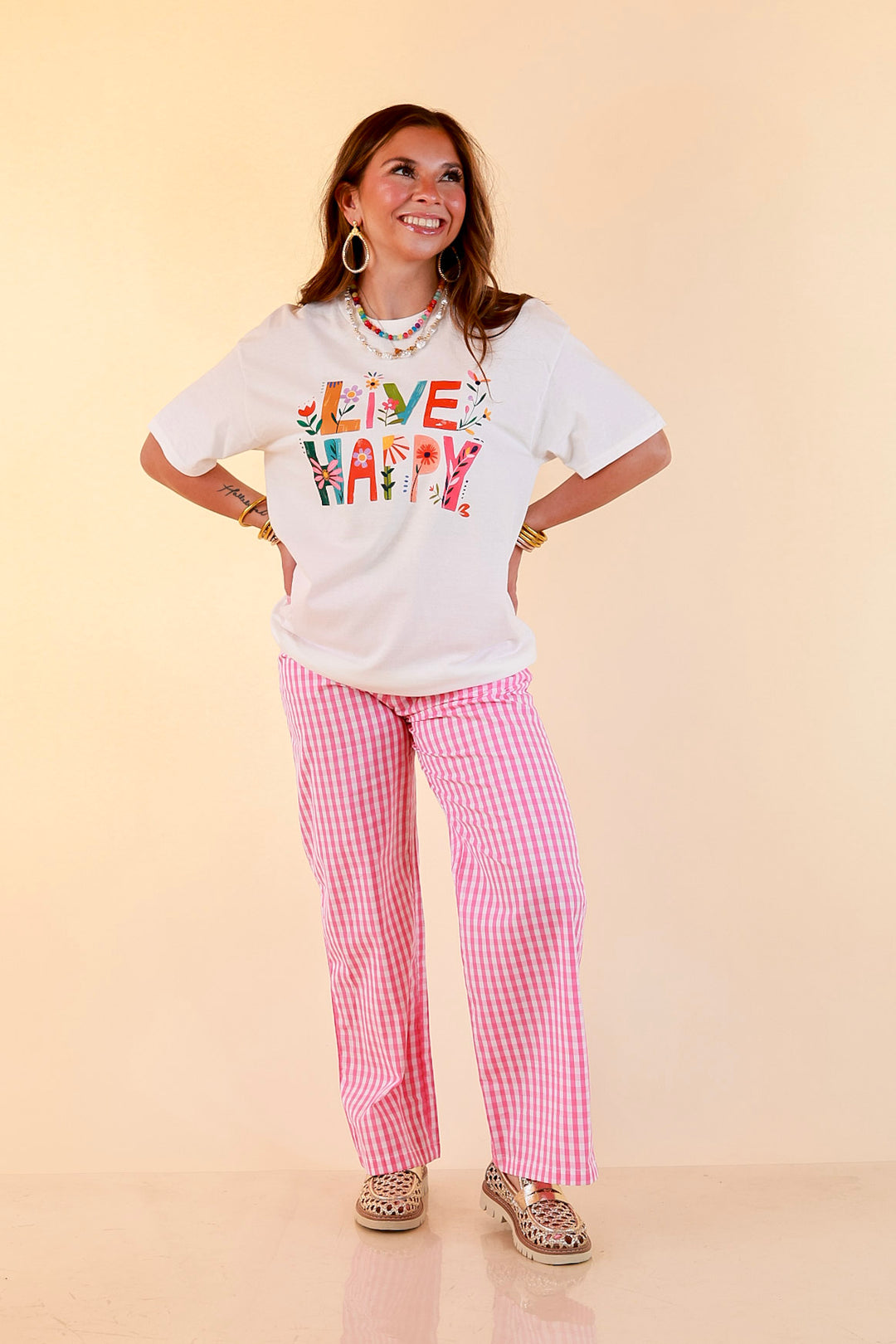 Happiness on Repeat "Live Happy" Floral Print Short Sleeve Graphic Tee in White
