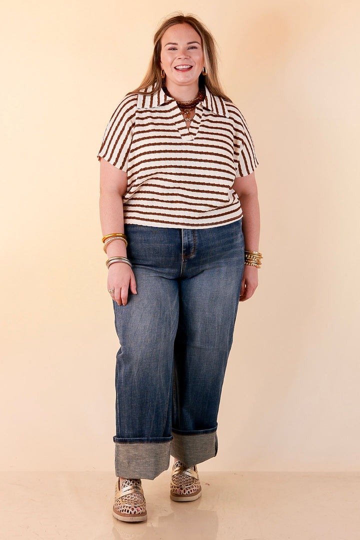 Simply Said Striped Drop Shoulder Collared Cropped Top in Ivory with Chocolate Brown Stripes