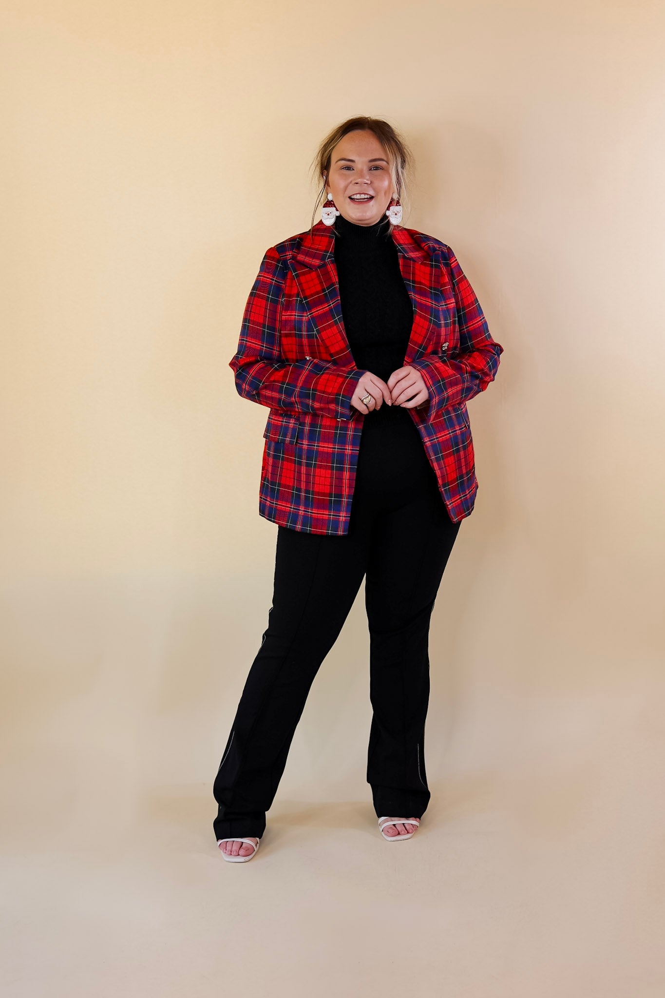 Endless Cheer Plaid Blazer with Gold Buttons in Blue and Red - Giddy Up Glamour Boutique