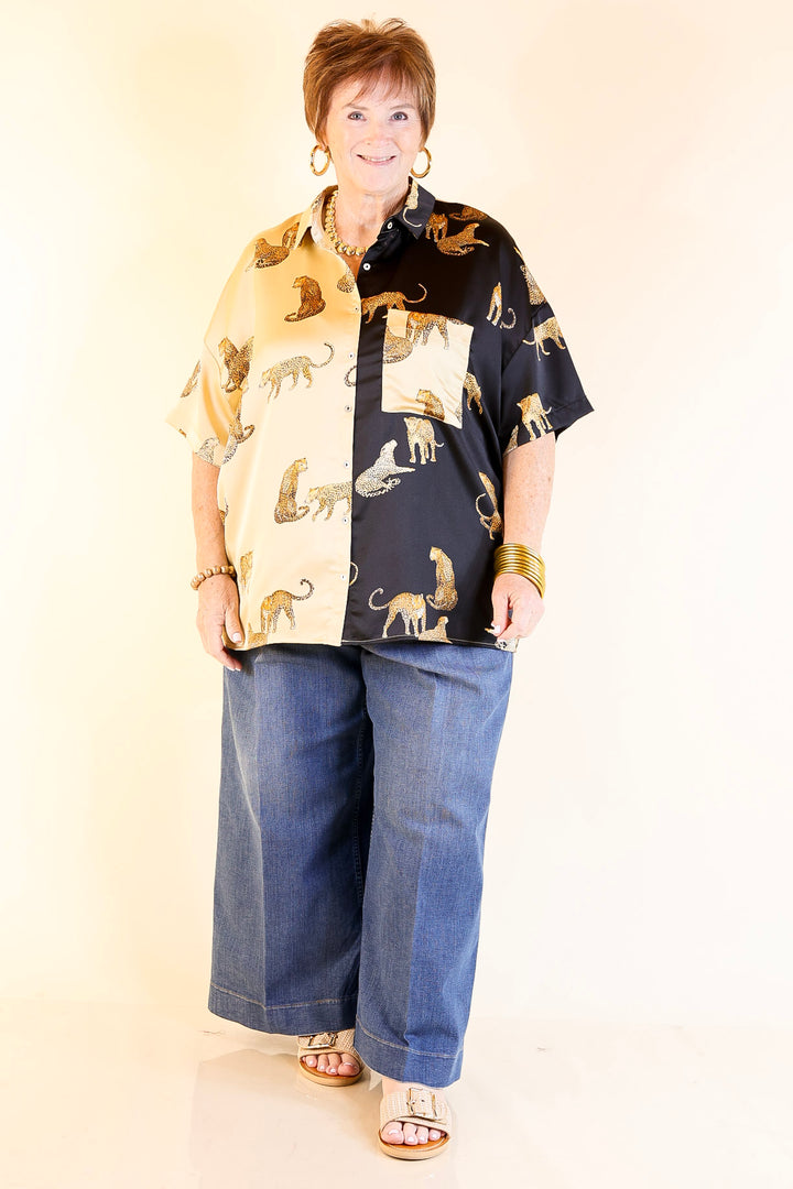 All Eyes On Me Button Up Cheetah Print Blouse Top in Black and Gold