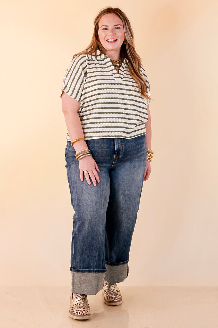 Simply Said Striped Drop Shoulder Collared Cropped Top in Ivory with Olive Green Stripes