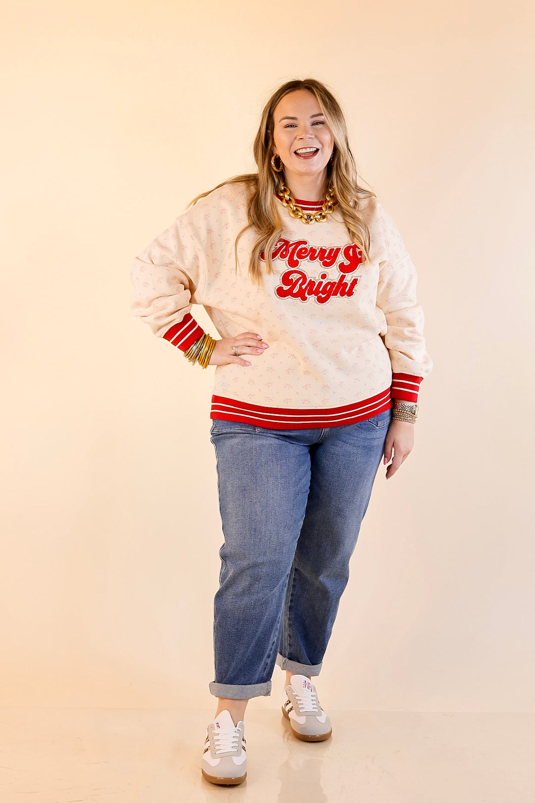 Simply Southern | Holiday Cheer Club Merry & Bright Floral Varsity Sweatshirt in Ivory