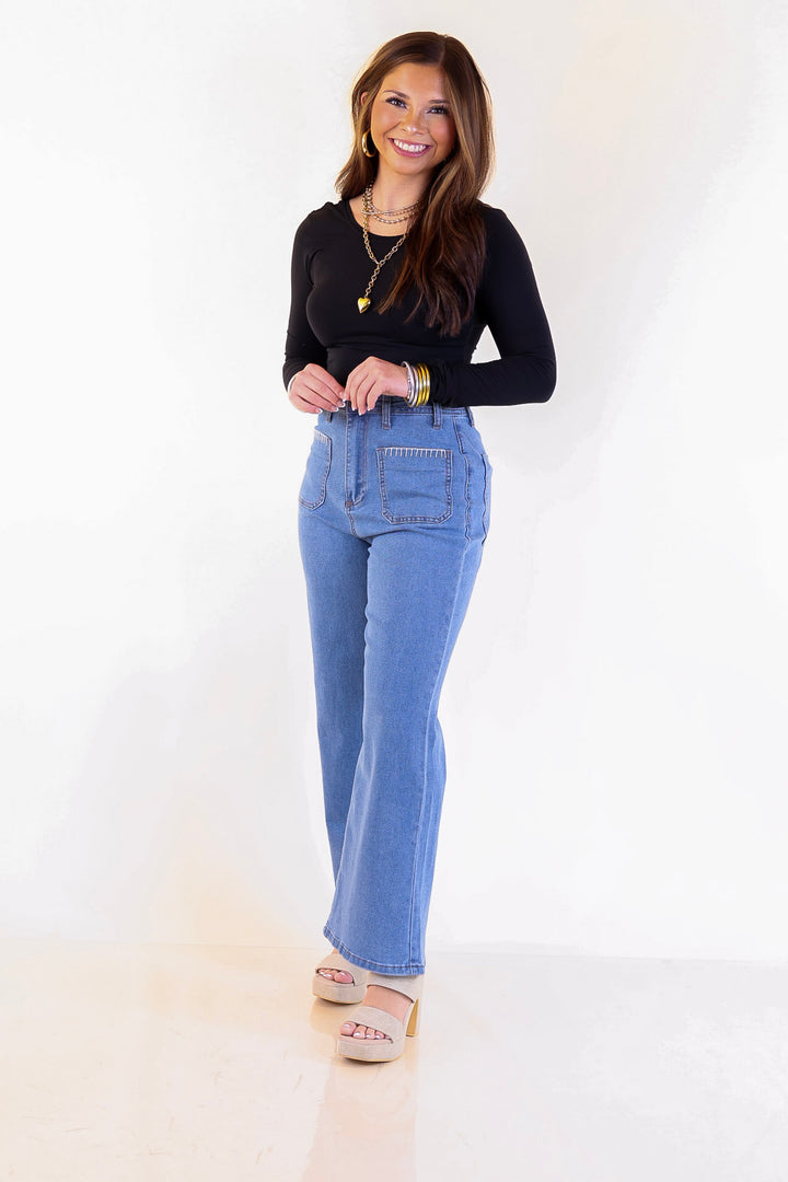 Patch Me In Denim Wide Leg Cropped Jean with Front Patch Pocket and Crochet Trim in Medium Wash