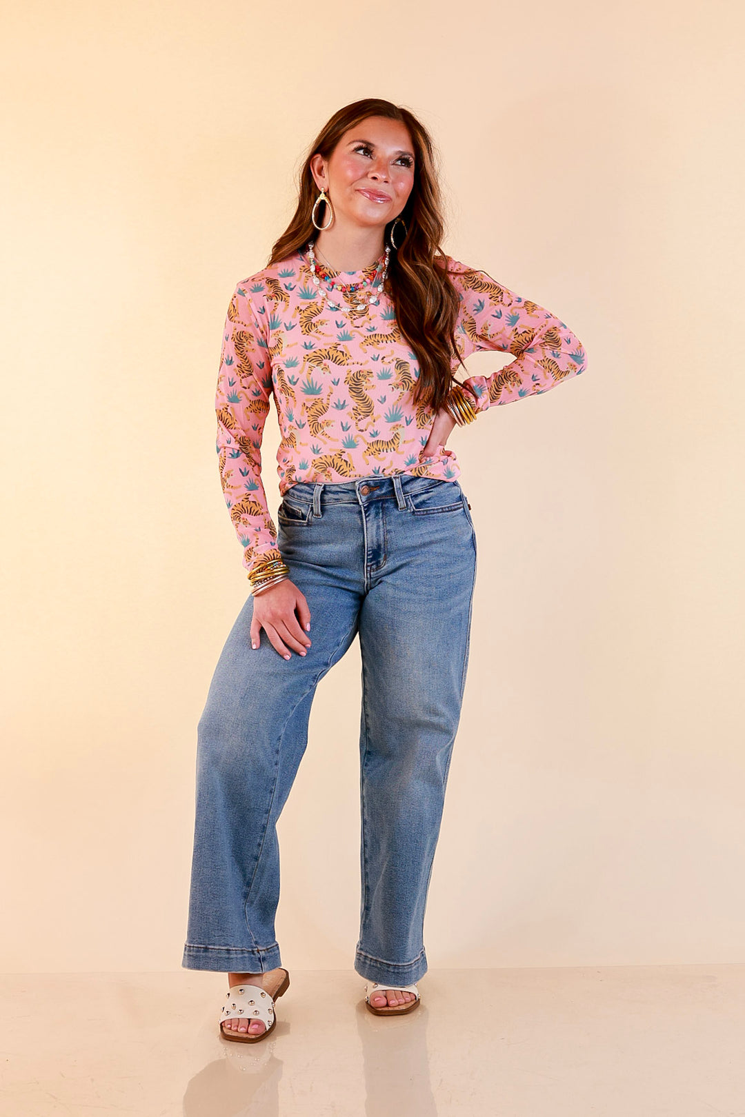 Western Dream Tiger and Floral Print Mesh Long Sleeve Top in Pink