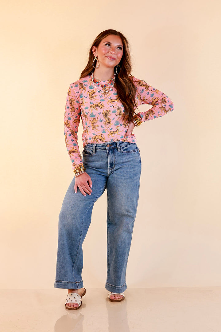 Western Dream Tiger and Floral Print Mesh Long Sleeve Top in Pink