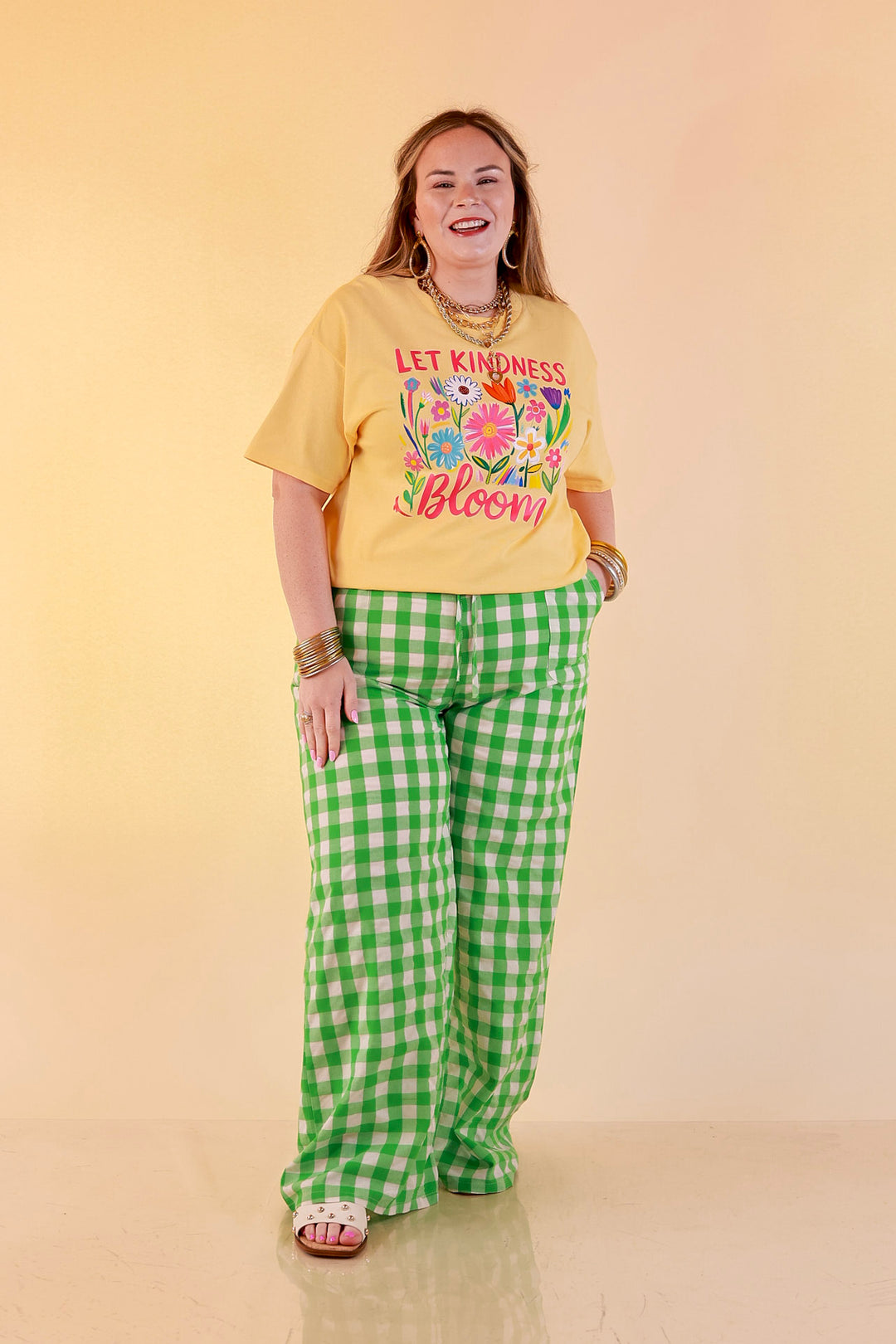Pairs Well with Others Gingham Print Drawstring Pants with Elastic Waistband in Green