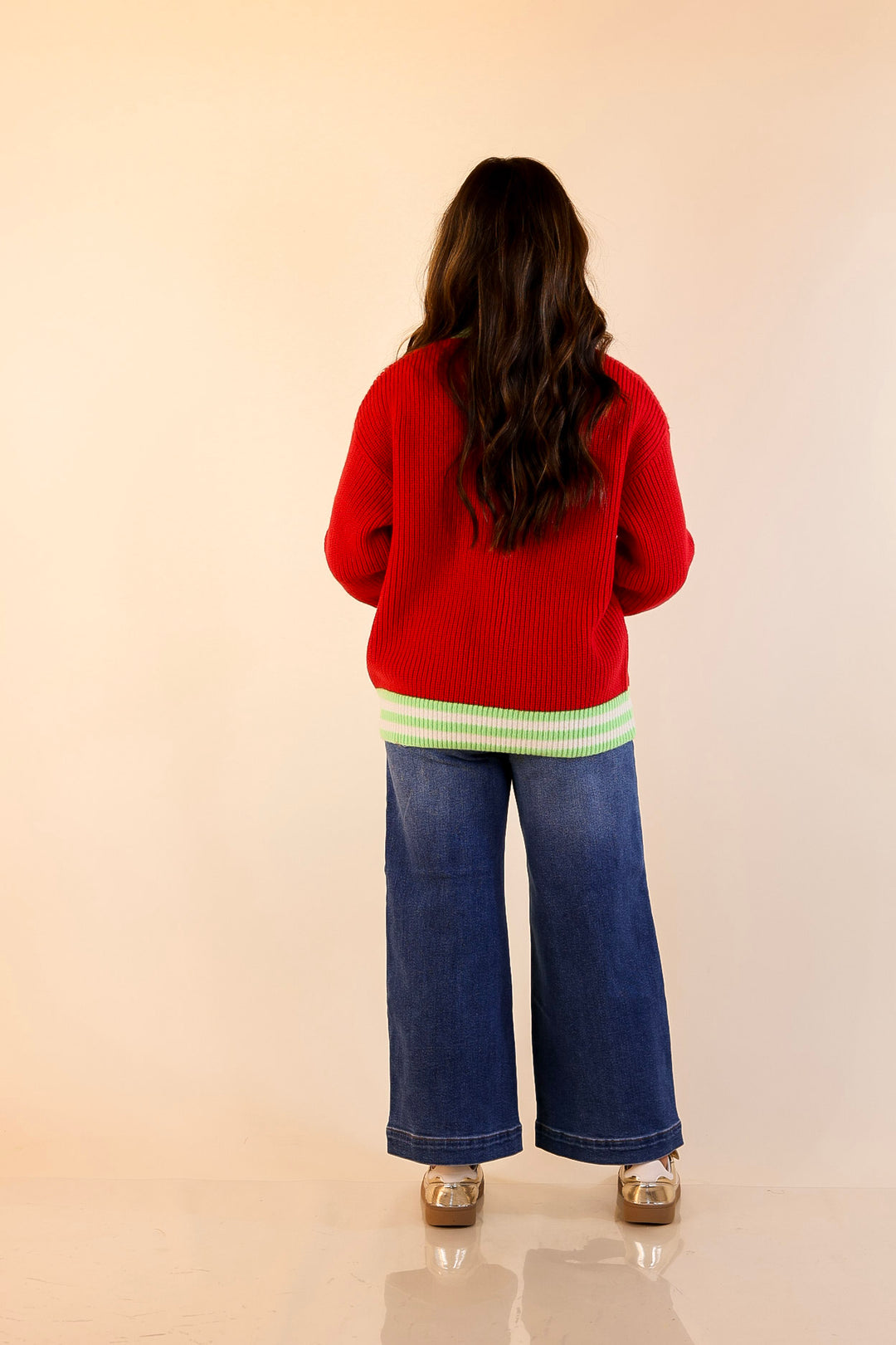 Simply Southern | Beary Merry Crewneck Sweater with Teddy Bear Graphic and Green Trim in Red