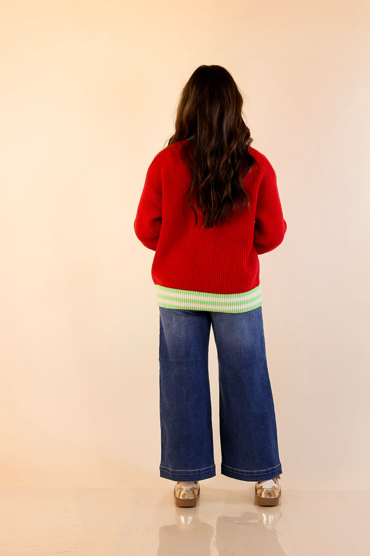 Simply Southern | Beary Merry Crewneck Sweater with Teddy Bear Graphic and Green Trim in Red