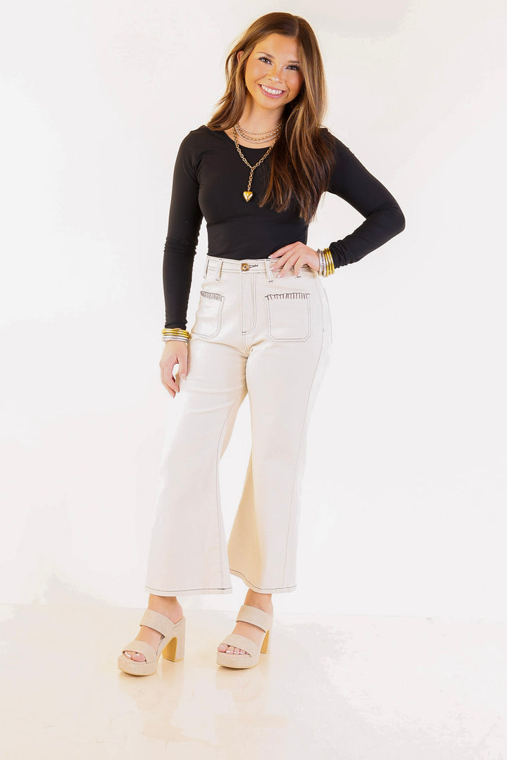 Patch Me In Denim Wide Leg Cropped Jean with Front Patch Pocket and Crochet Trim in Cream