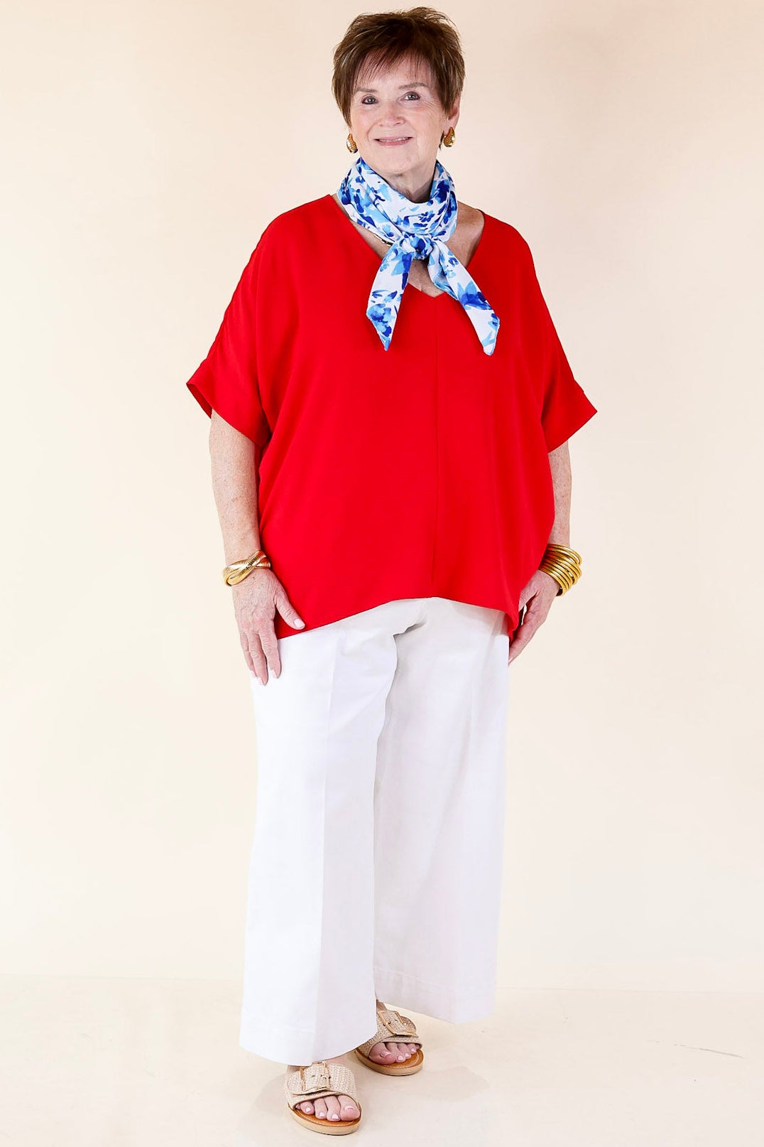 Classically Chic Short Sleeve V Neck Top in Red