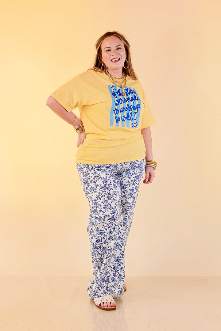 If The Stars Were Made to Worship So Will I Stripe Print Short Sleeve Graphic Tee in Butter Yellow