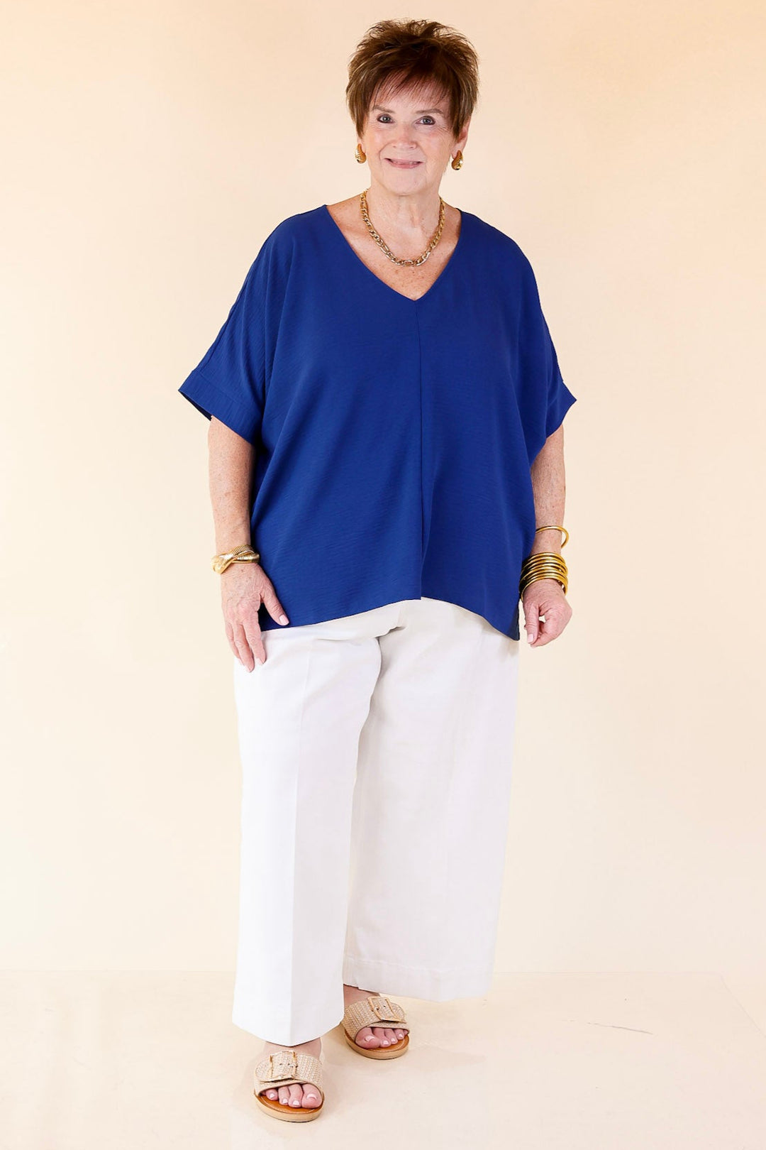 Classically Chic Short Sleeve V Neck Top in Navy