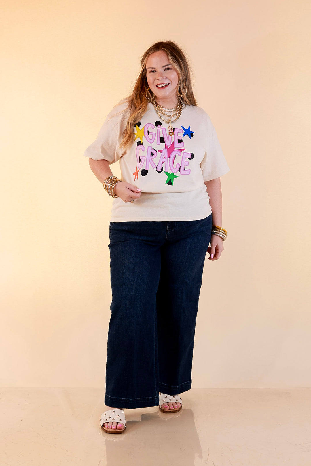 Grace Upon Grace "Give Grace" Distressed Polka Dot and Star Print Short Sleeve Graphic Tee in Natural