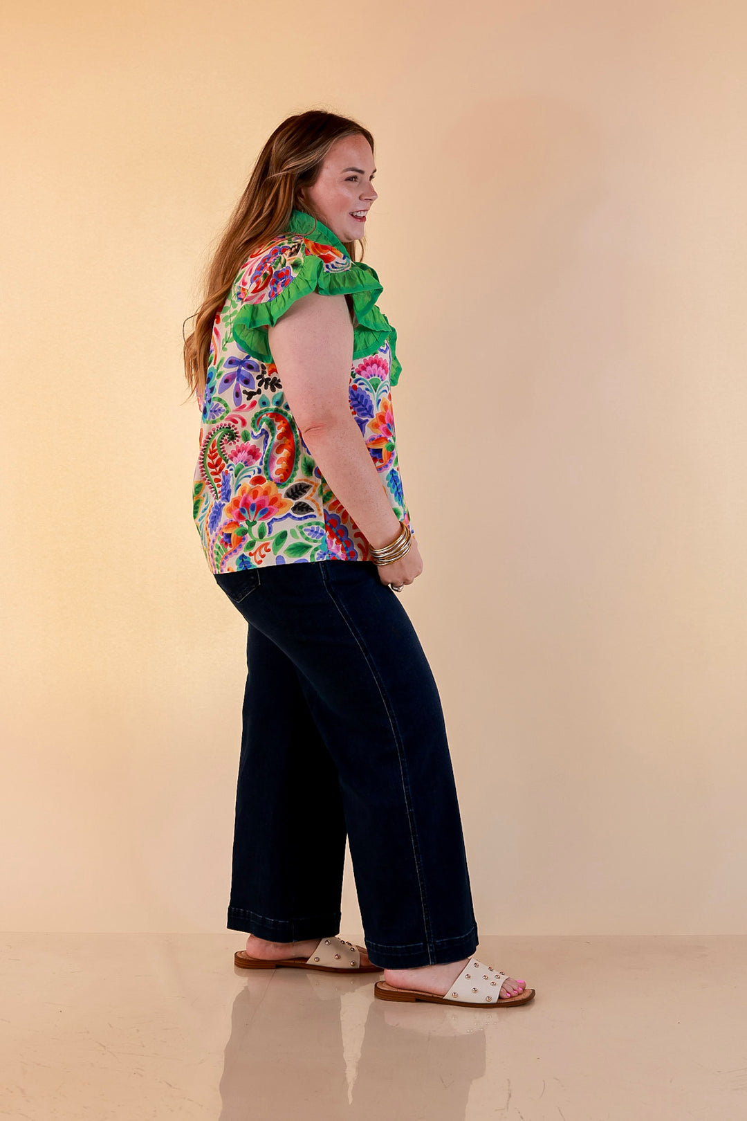 Flourish and Flow Paisley Floral Print Ruffle Flutter Sleeve Top with Split Neckline in Cream