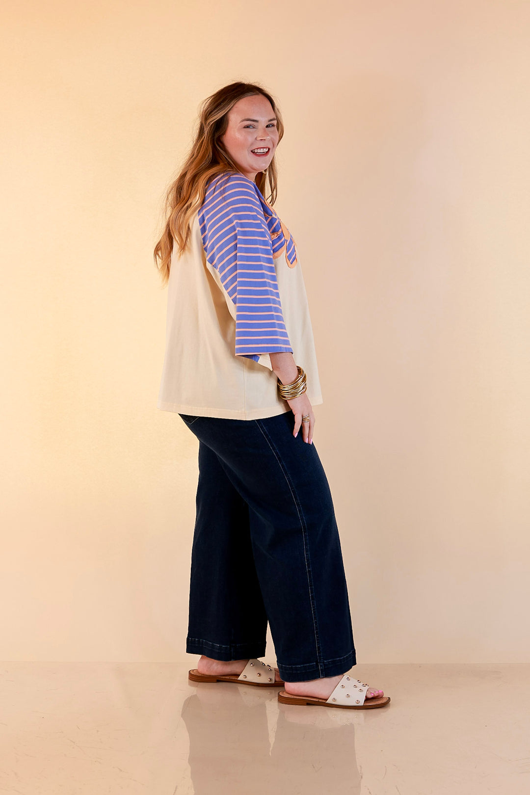 Bloom in Color Floral and Stripe Print Relaxed Short Sleeve Top with Contrast Sleeves in Cream