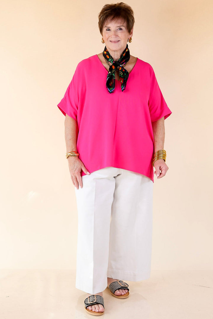 Classically Chic Short Sleeve V Neck Top in Hot Pink