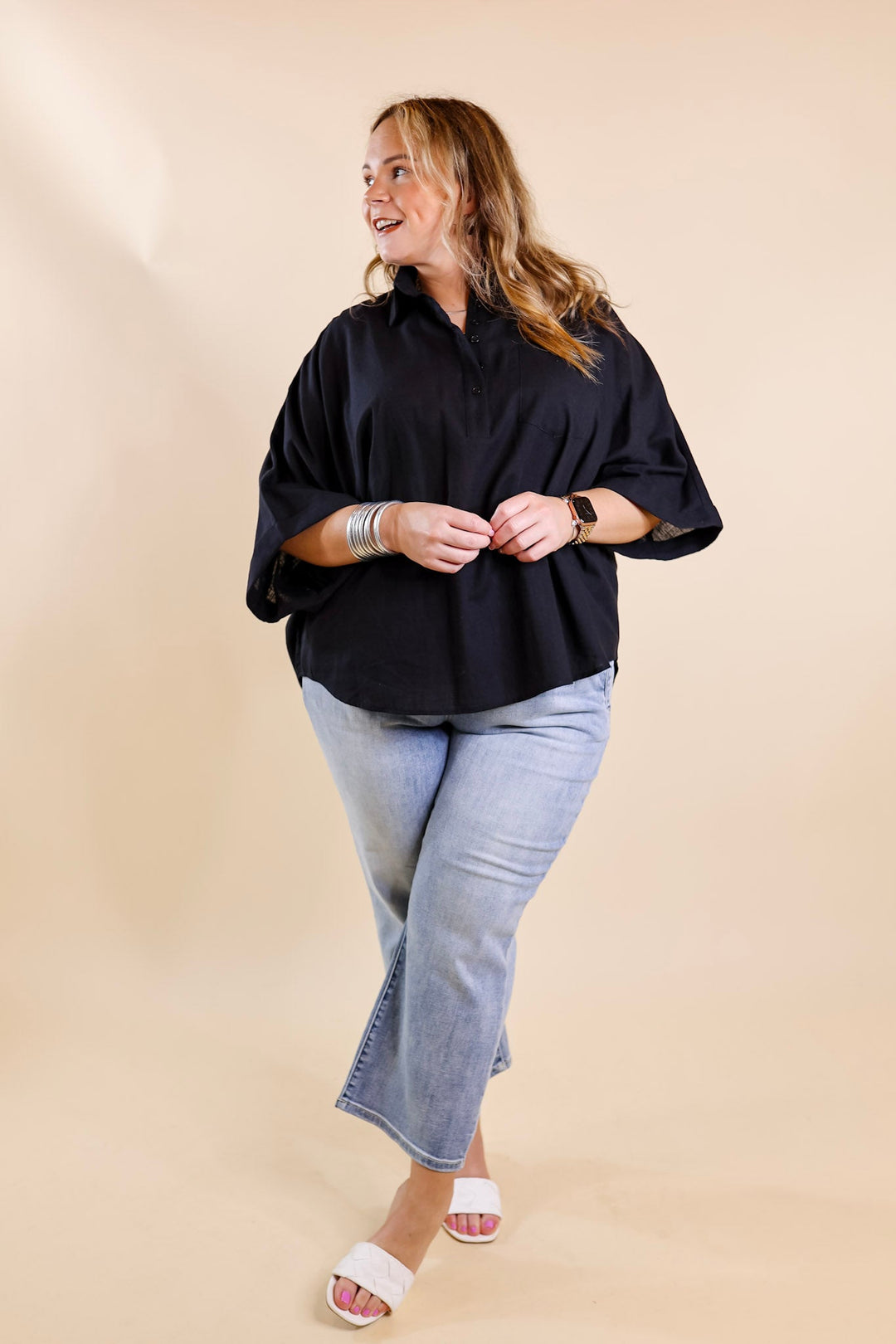 Sweet Surprise Half Button Up Poncho Top with Collared Neckline in Black - Giddy Up Glamour Boutique