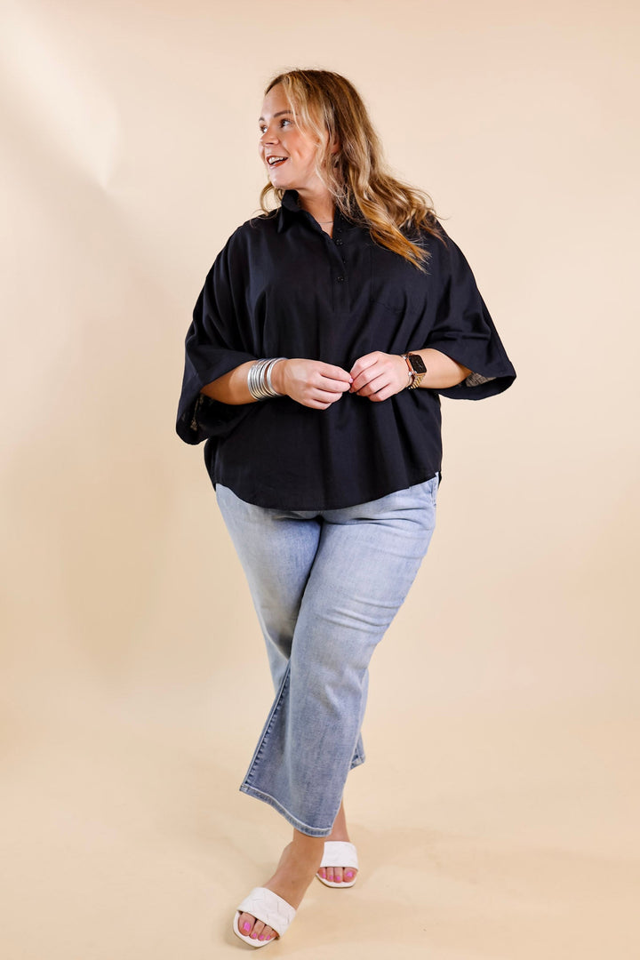Sweet Surprise Half Button Up Poncho Top with Collared Neckline in Black - Giddy Up Glamour Boutique