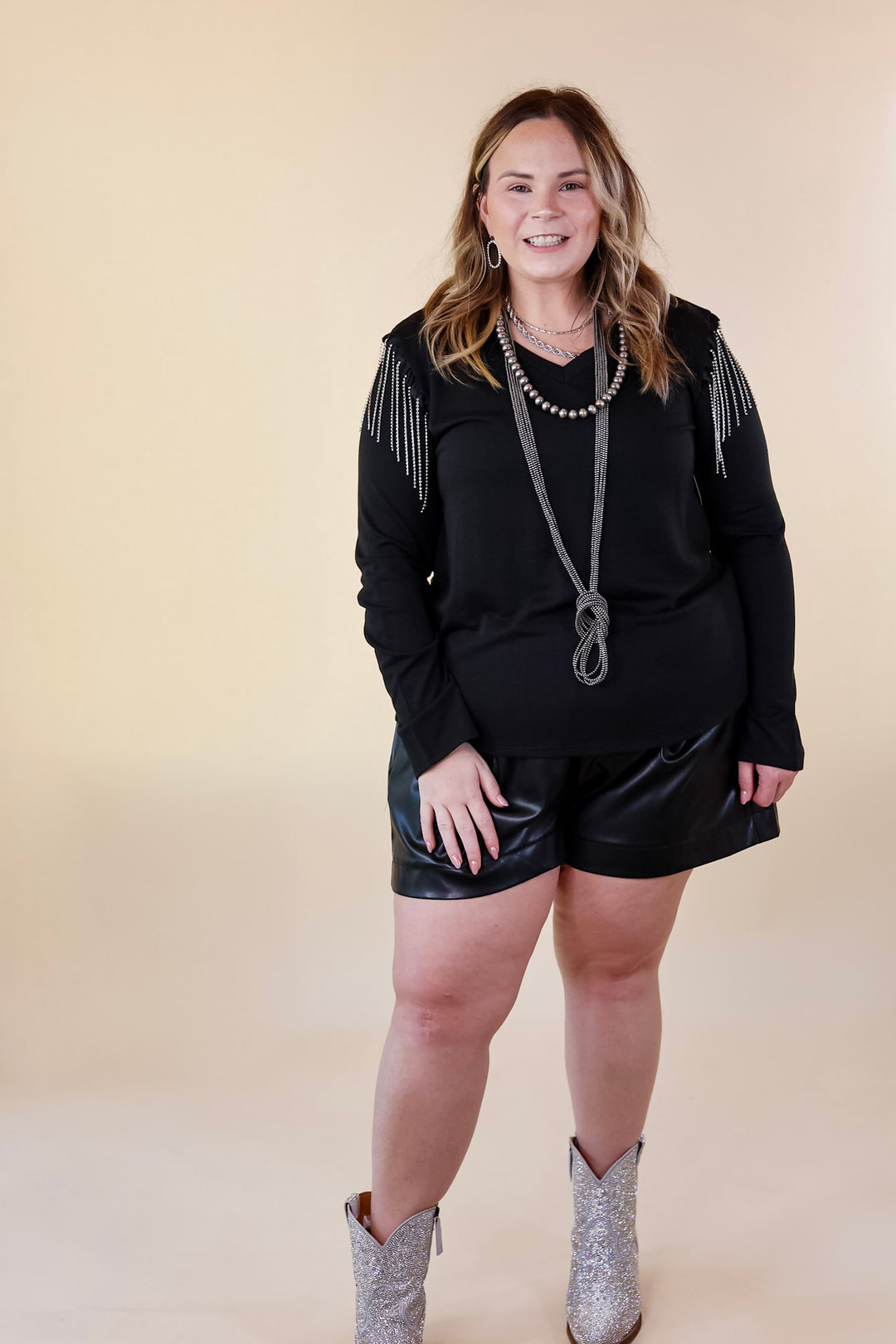Party Dreams Long Sleeve V Neck Top with Crystal Fringe Shoulders in Black - Giddy Up Glamour Boutique