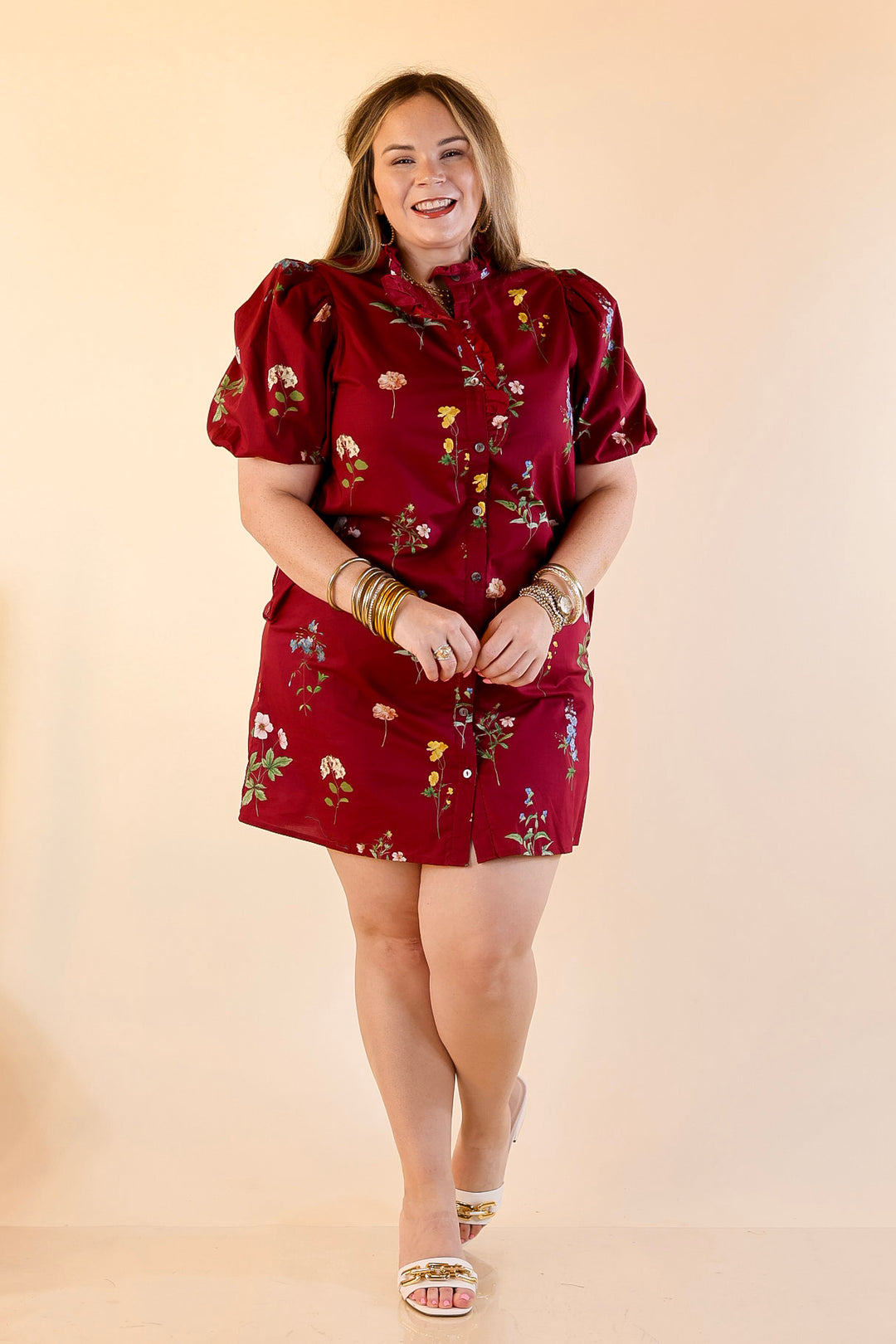 Forever Floral Button Up Floral Dress with Ruffle Trim and Puff Sleeves in Maroon
