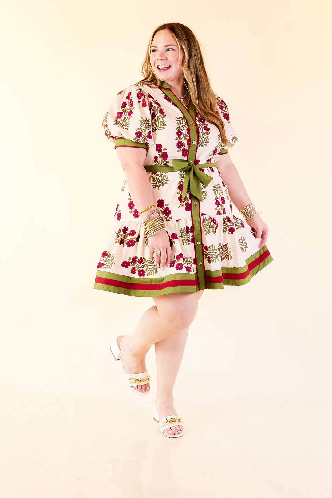 Garden Party Floral Dress with Dropped Skirt and Olive and Maroon Trim in Cream