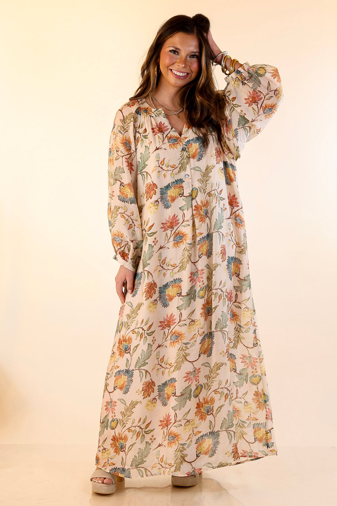 Charming Impression Floral Print Maxi Dress with Long Sleeves in Cream, Olive, Teal and Rust