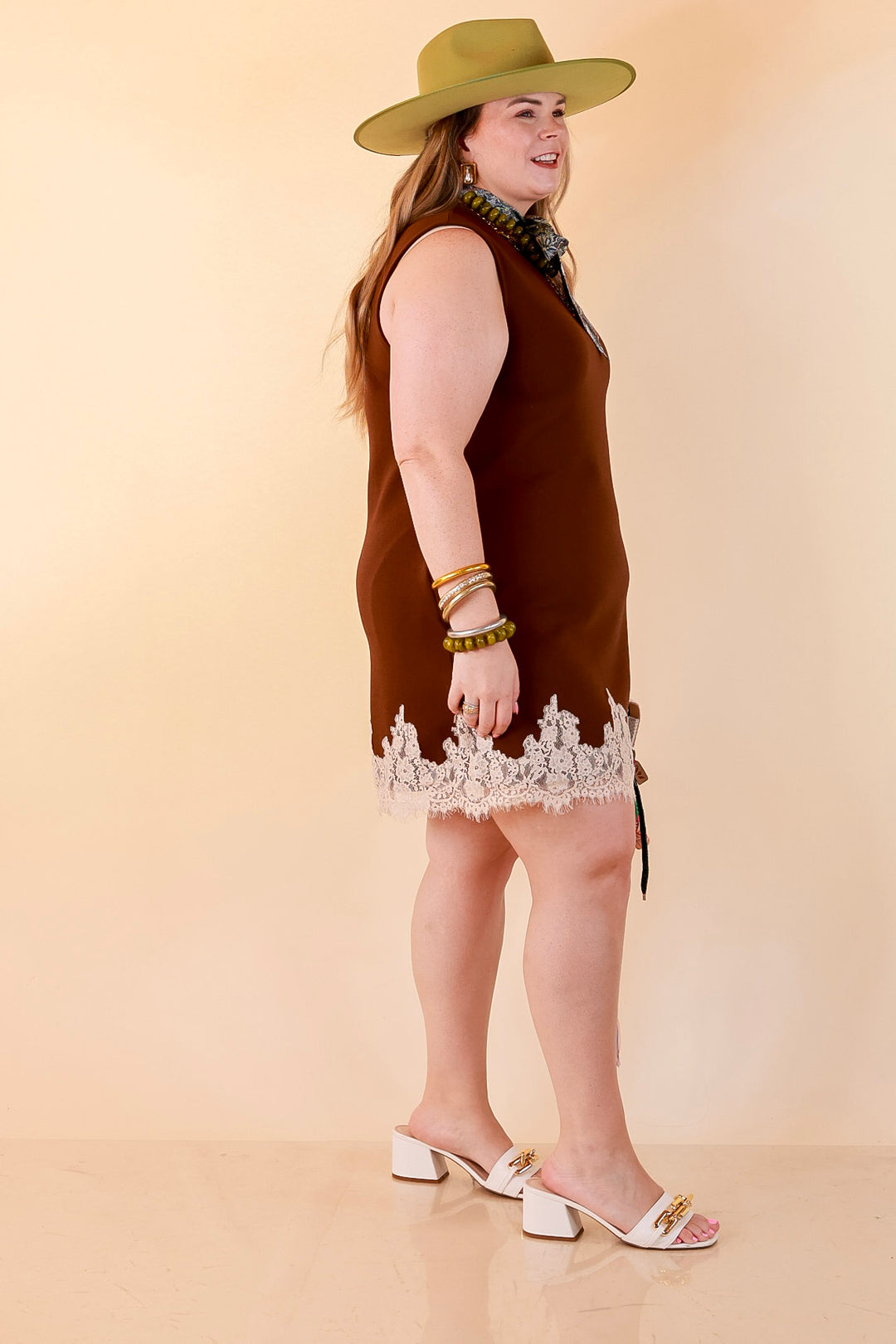 Just a Little Something Sleeveless Knit Mini Dress with Lace Trim in Chocolate Brown