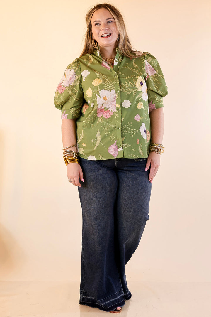First Glance Button Up Puff Sleeve Floral Print Top in Olive Green