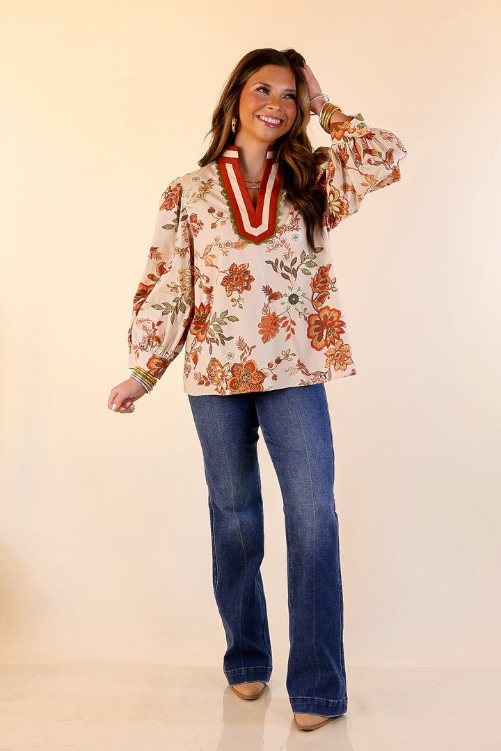 Autumn Allure Floral Long Sleeve Top with Contrast Trim in Rust Orange