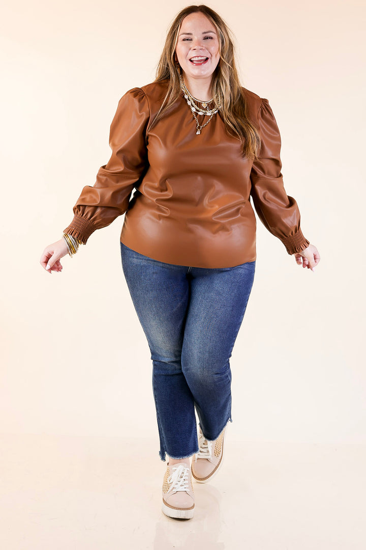 Mud Pie | Putnam Faux Leather Long Sleeve Top with Smocked Cuffs in Tan Brown