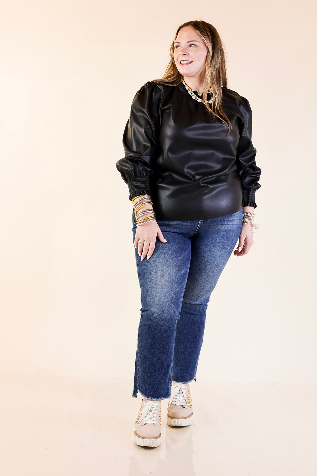 Mud Pie | Putnam Faux Leather Long Sleeve Top with Smocked Cuffs in Black
