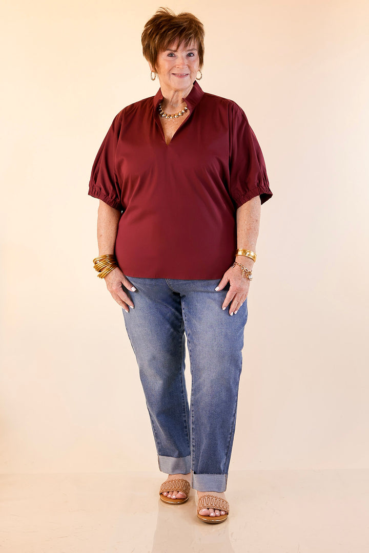 Elevated Basic V-Neck Blouse With Drop Shoulder in Maroon