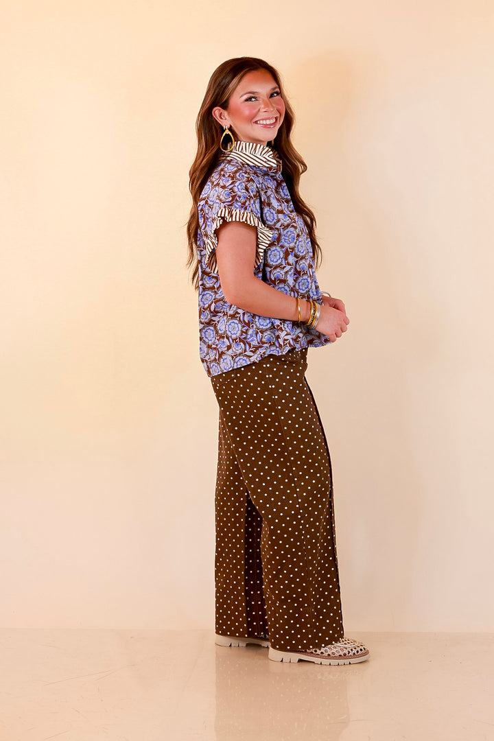 Effortless Grace Floral Print Flutter Stripe Sleeve and Ruffle Collar Detailing Blouse in Brown and Periwinkle Blue