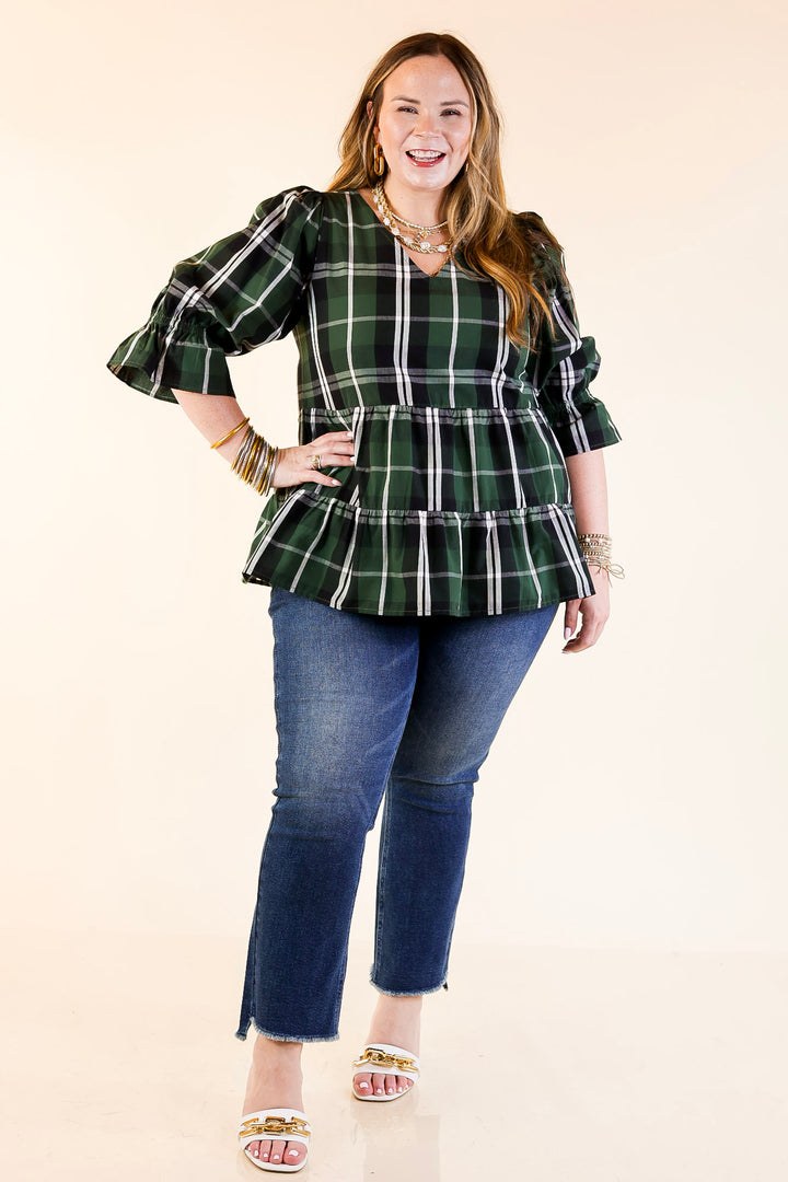 Mud Pie | Ashford Plaid Babydoll Top with Ruffle Hem and 3/4 Balloon Sleeves in Green