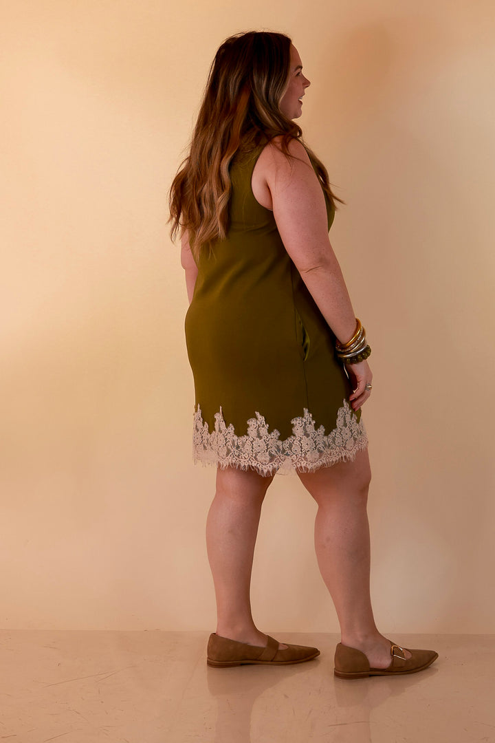 Just a Little Something Sleeveless Knit Mini Dress with Lace Trim in Chartreuse Olive Green