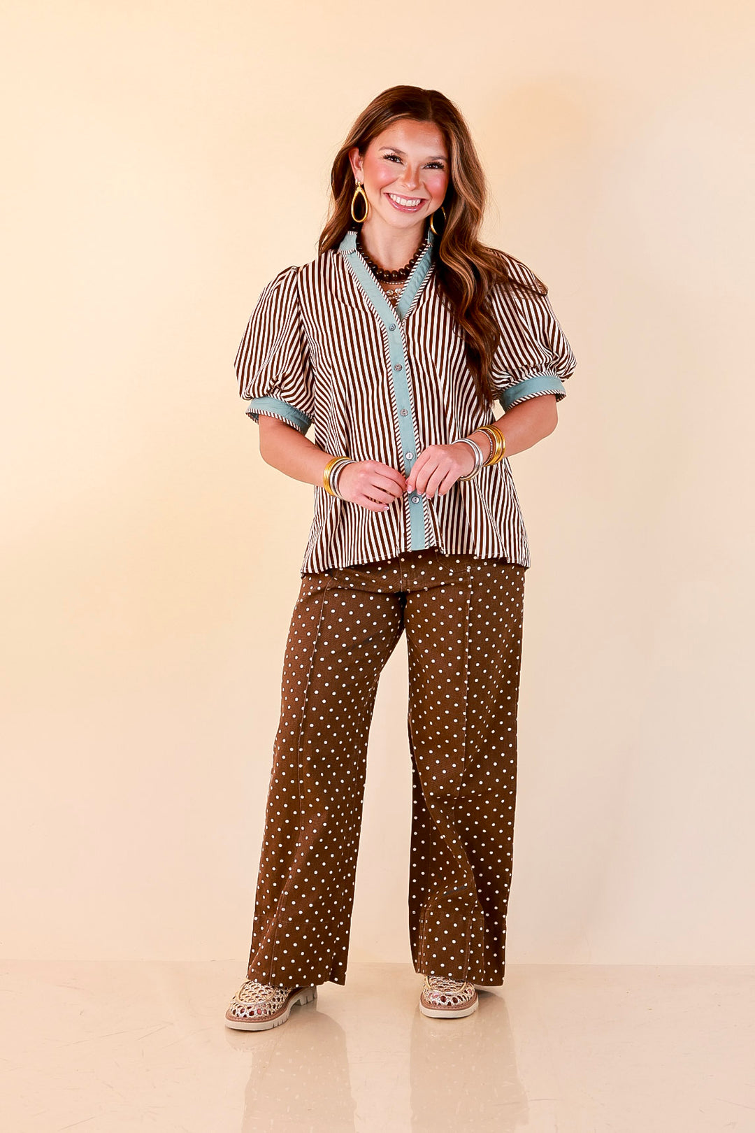 Pop of Polish Short Puff Sleeve Button Front Top with Contrast Trim in White, Chocolate Brown and Blue
