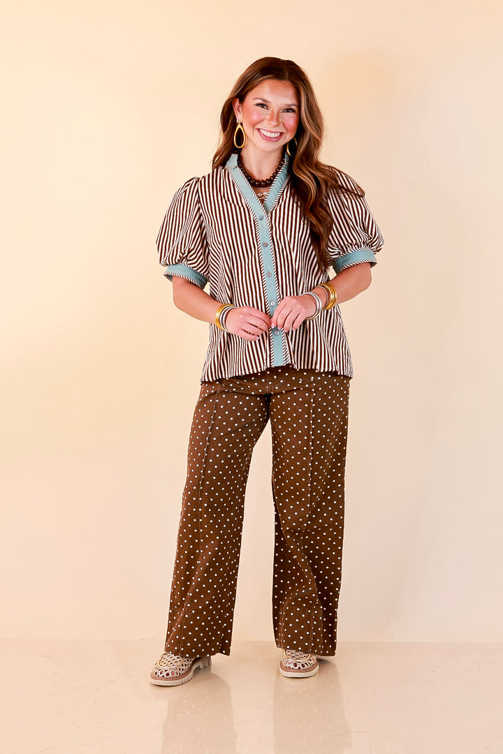 Pop of Polish Short Puff Sleeve Button Front Top with Contrast Trim in White, Chocolate Brown and Blue