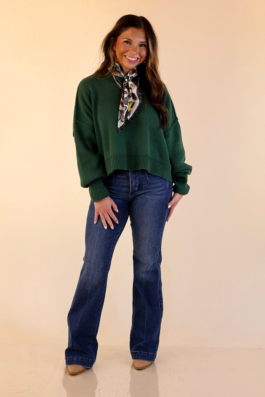 Fireside Fit Cropped Long Sleeve Mock Neck Sweater in Forest Green