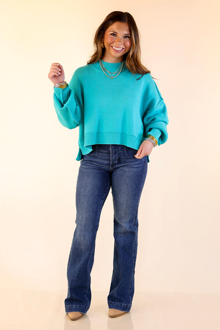 Fireside Fit Cropped Long Sleeve Mock Neck Sweater in Turquoise Blue