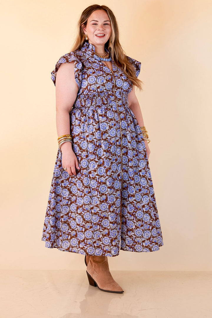 Modern Grace Zip Front Midi Floral Print Dress with Smocked Waist and Short Flutter Sleeves in Brown and Periwinkle Blue