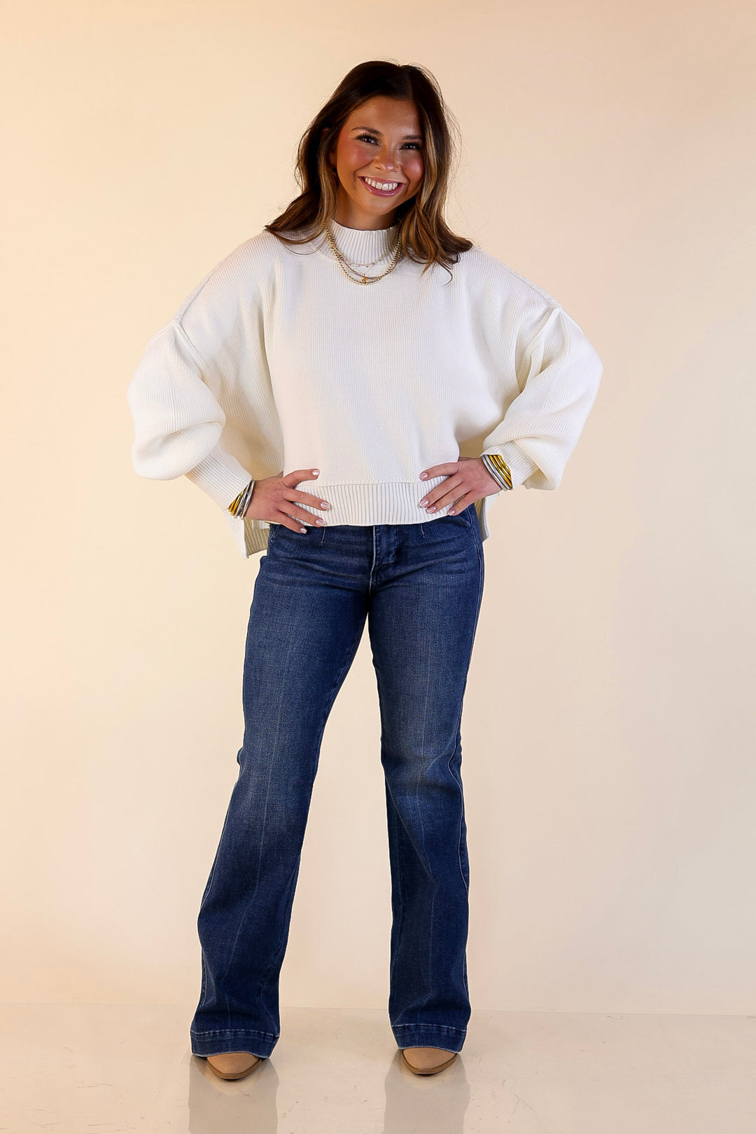 Fireside Fit Cropped Long Sleeve Mock Neck Sweater in Ivory