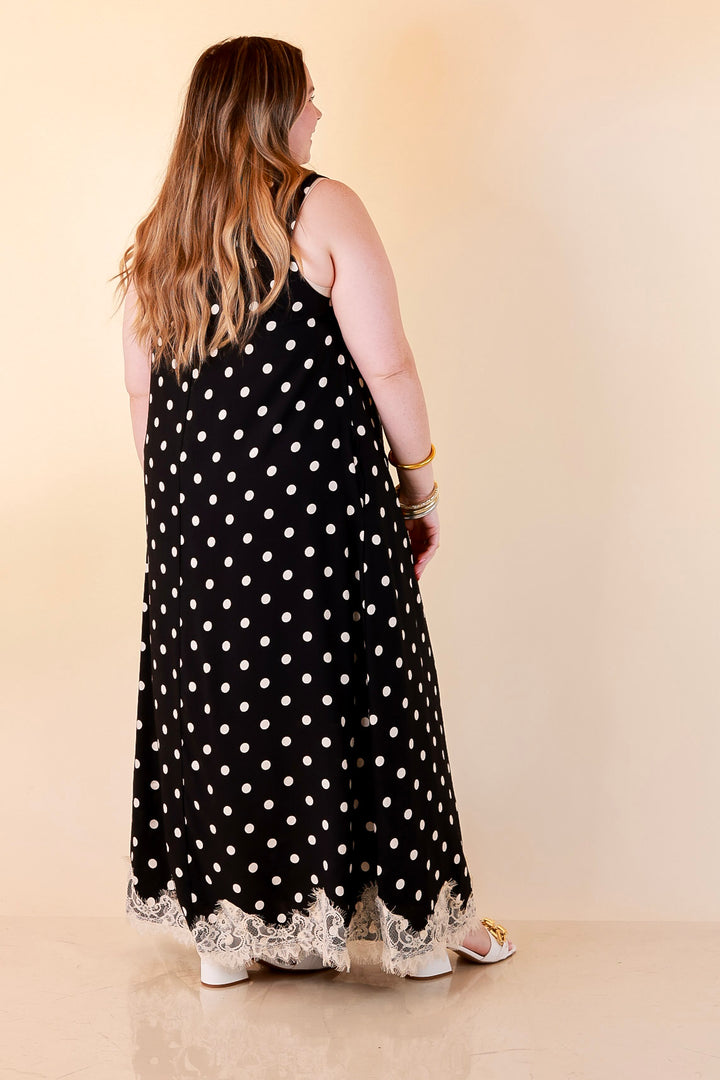 Sweet Little Something Polka Dot Sleeveless Maxi Dress with Lace Trim in Black
