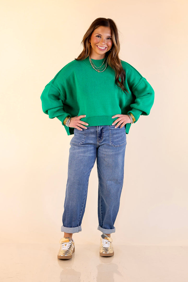 Fireside Fit Cropped Long Sleeve Mock Neck Sweater in Kelly Green