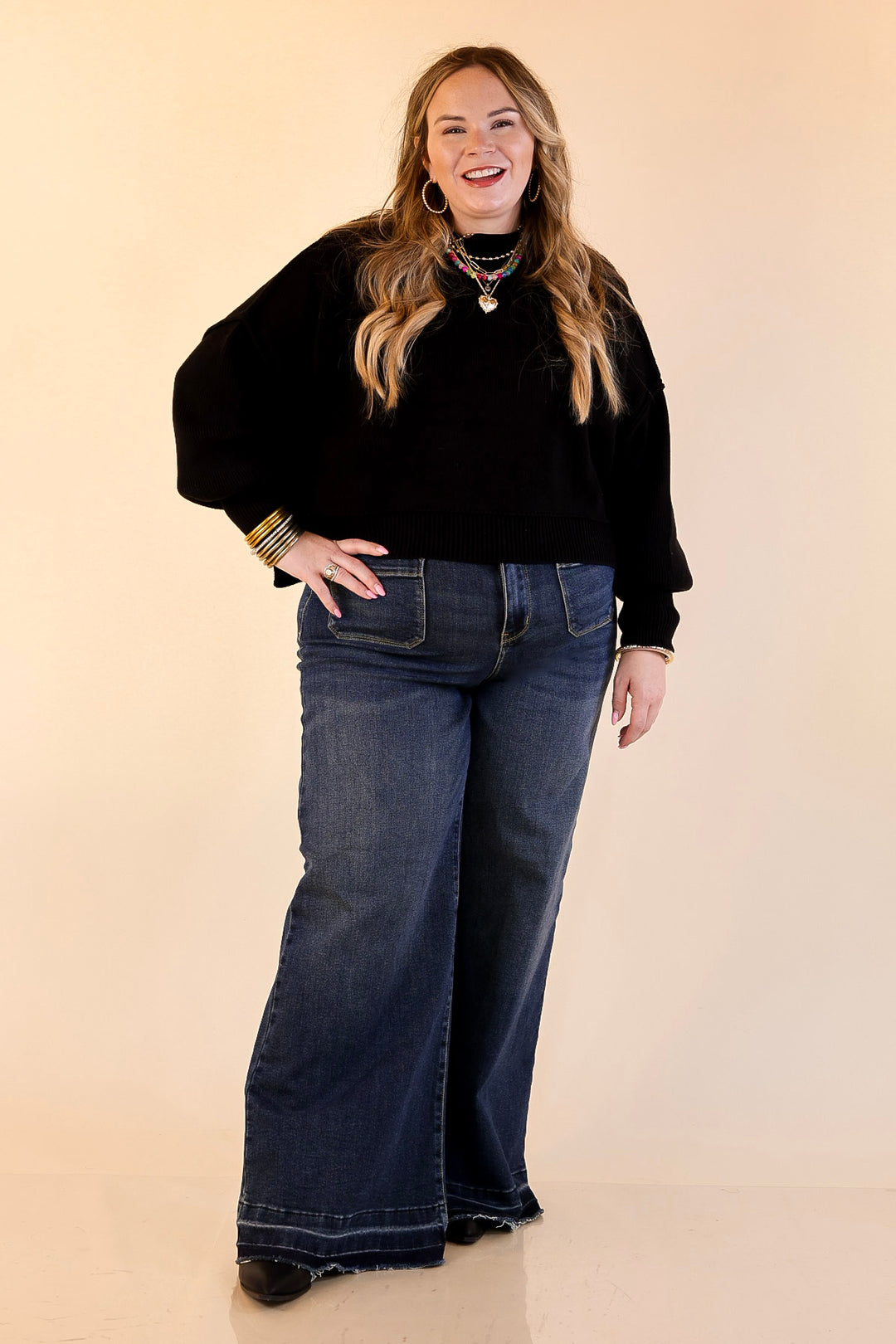 Fireside Fit Cropped Long Sleeve Mock Neck Sweater in Black