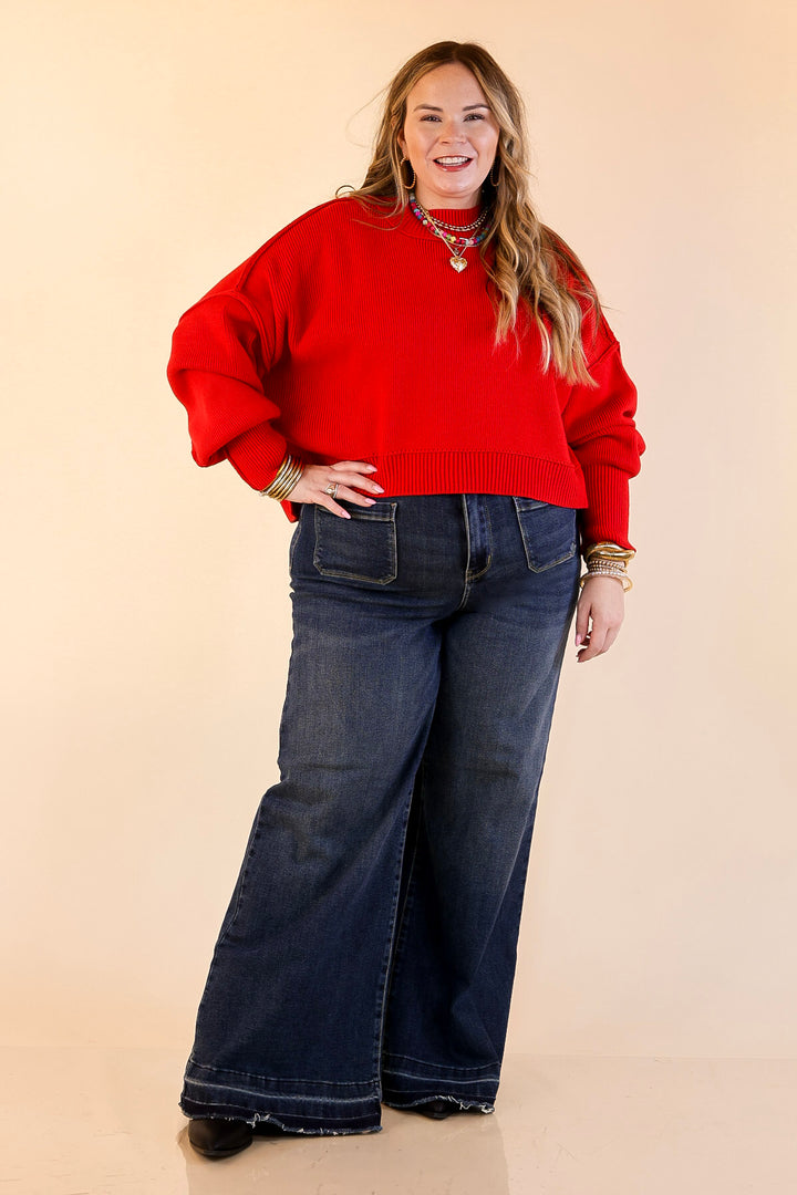 Fireside Fit Cropped Long Sleeve Mock Neck Sweater in Red