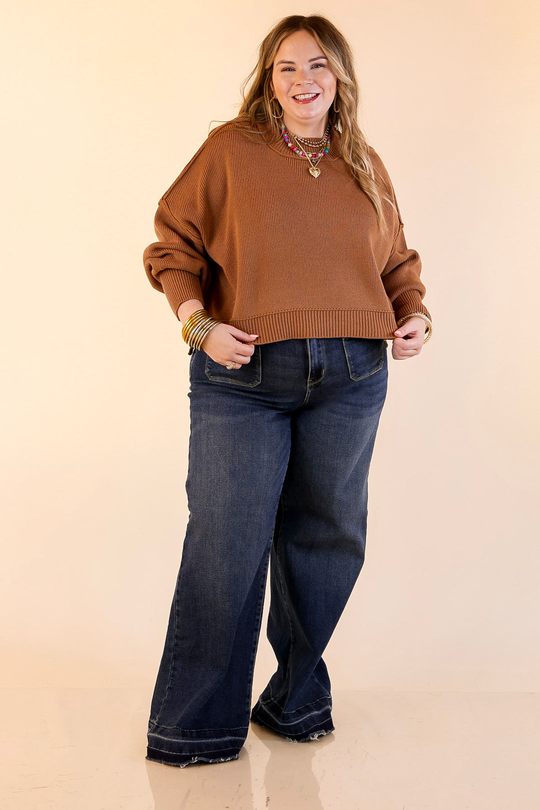 Fireside Fit Cropped Long Sleeve Mock Neck Sweater in Camel Brown