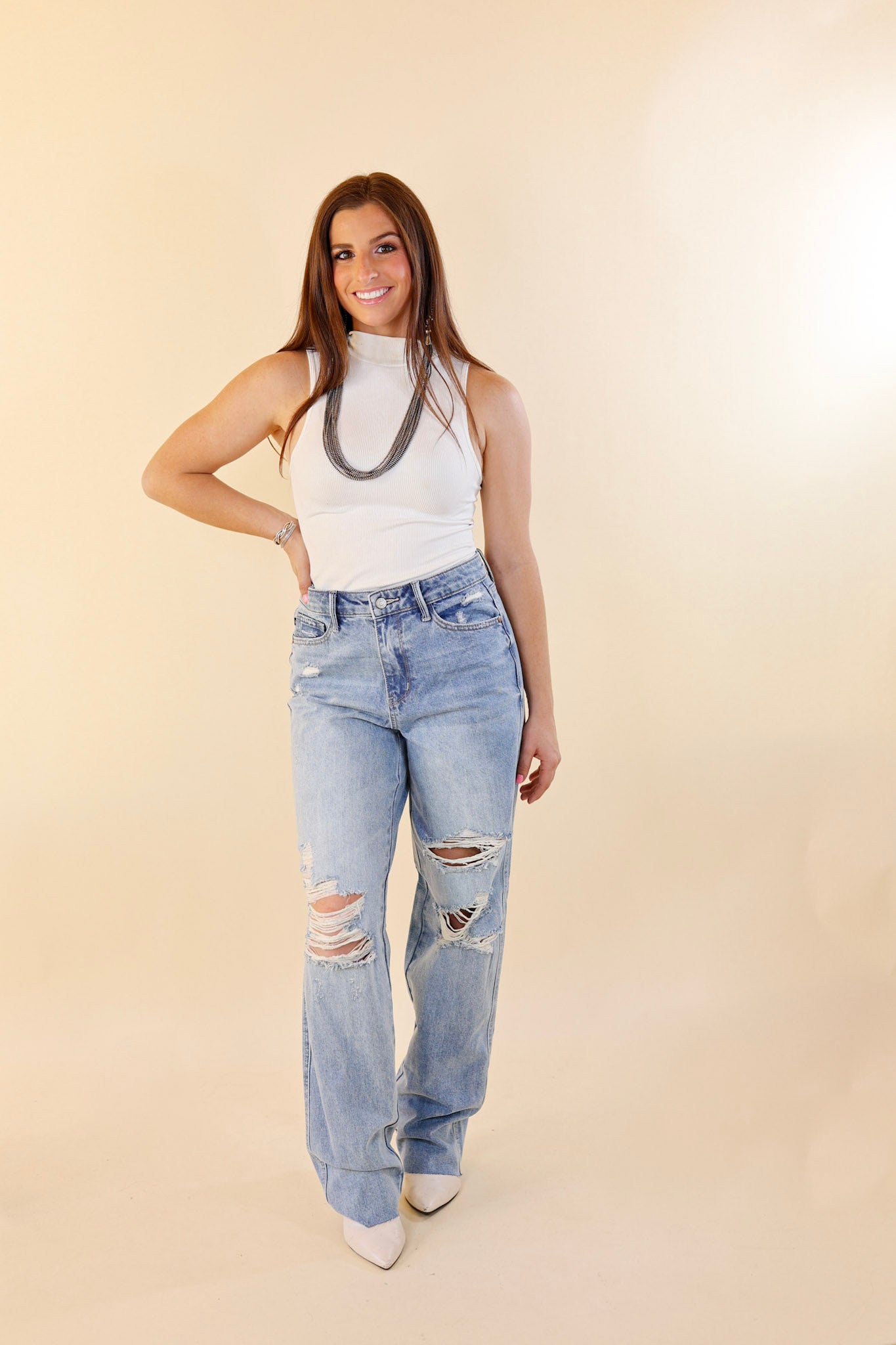 Judy Blue | Along The Drive Destroy Knee 90's Straight Leg Jeans in Light Wash