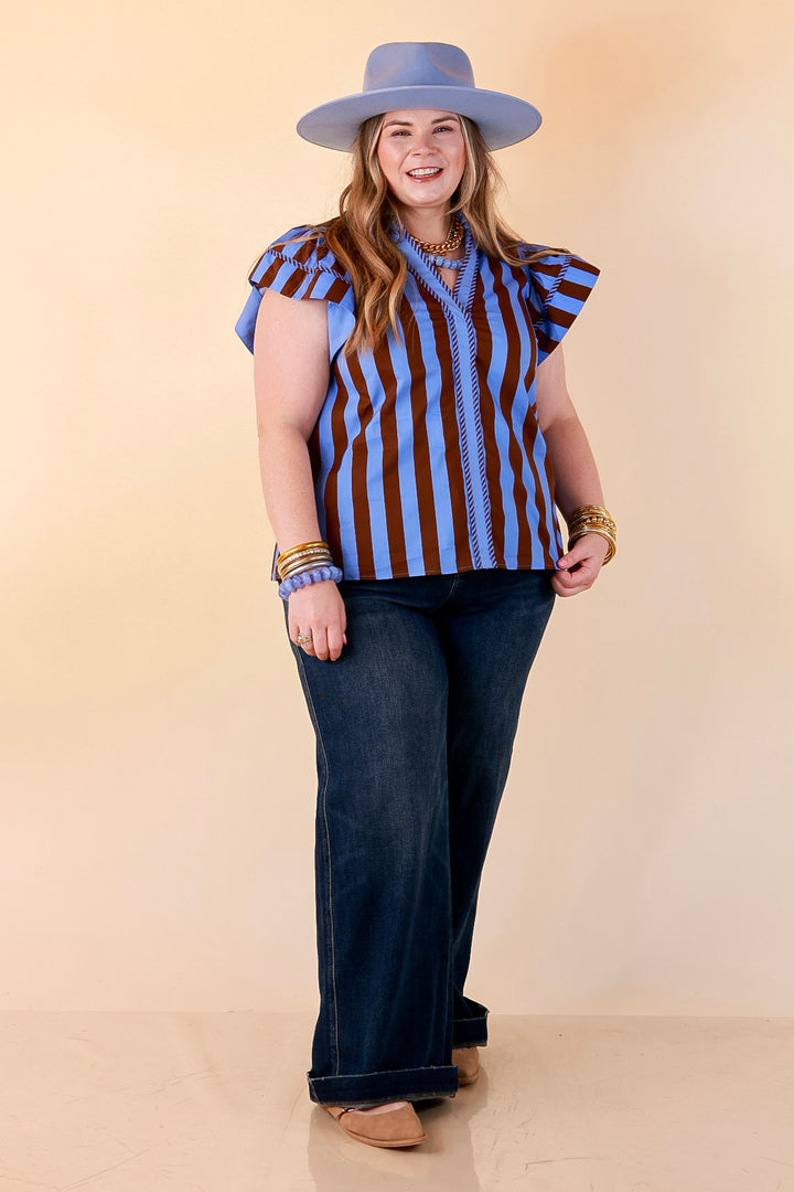 Simply Refined Striped Short Ruffle Sleeve Split Neck Stripe Top in Periwinkle Blue and Chocolate Brown